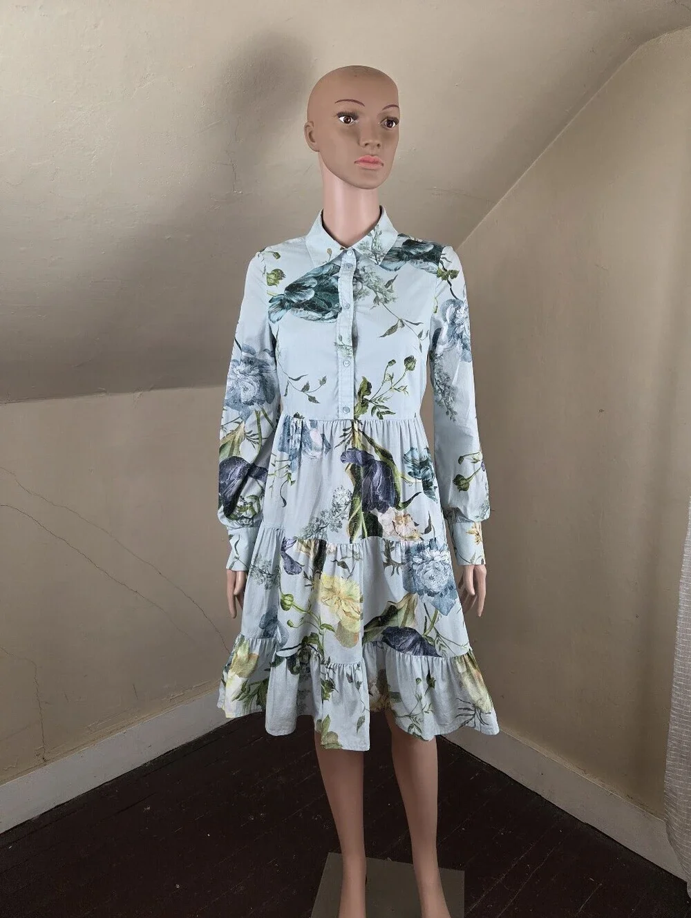 ERDEM‎ Abilene Floral Cotton Poplin Tiered Mini Shirt Dress Estimated Small